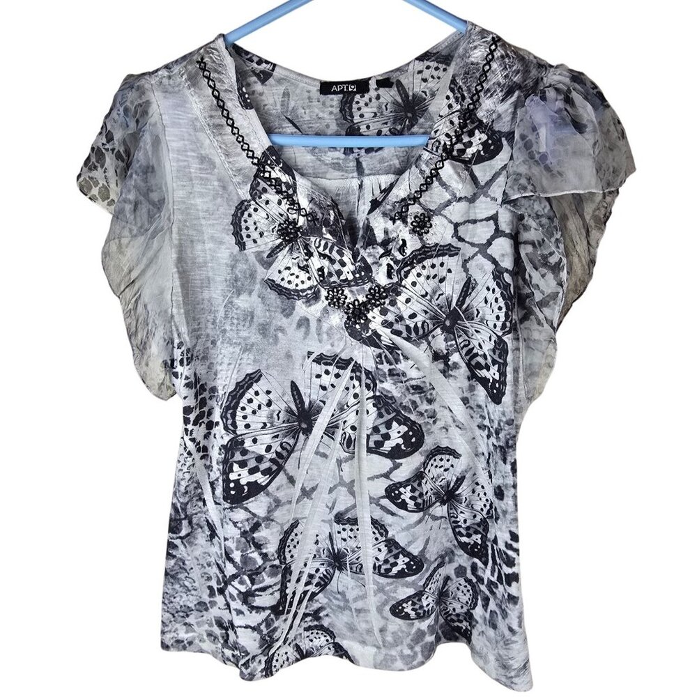 Vintage Y2K Butterfly Print Top M Petite Lightweight Polyester Short‎ Sleeve